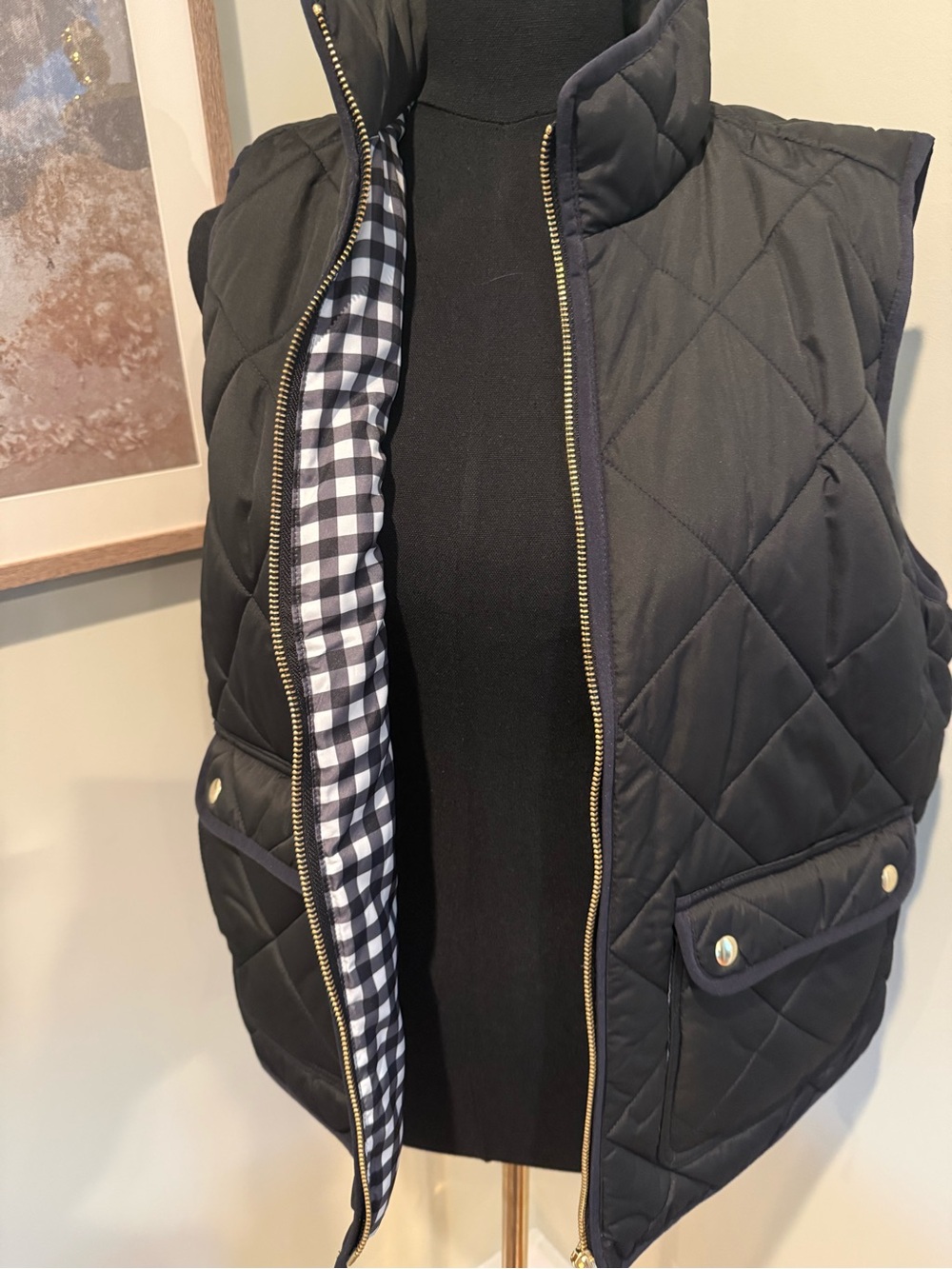 J.Crew Factory Black Quilted Puffer Vest Gingham Gold Hardware L